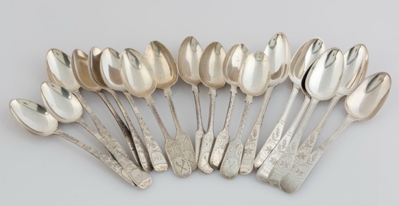 Three sets of six antique English made sterling silver bright cut teaspoons, retailed by CHANNEL ISLANDS silversmiths including JEAN LE GALLAIS of Jersey, mid 19th and 20th century, the largest 14.5cm long, 336 grams total