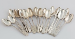 Three sets of six antique English made sterling silver bright cut teaspoons, retailed by CHANNEL ISLANDS silversmiths including JEAN LE GALLAIS of Jersey, mid 19th and 20th century, the largest 14.5cm long, 336 grams total