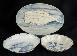 GERRY WEDD group of three contemporary Australian blue and white ceramic bowls and dish, all signed "Wedd", ​​​​​​​the largest 33cm wide