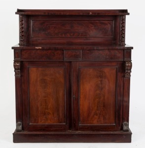 An antique English mahogany chiffonier with barley twist columns and carved corbels, 19th century, 128cm high, 111cm wide, 38cm deep