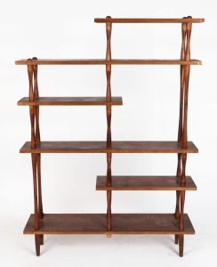 A vintage timber whatnot bookshelf, mid 20th century, 137cm high, 103cm wide, 25cm deep