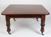 A fine antique English mahogany three leaf extension dining table with inverted baluster lotus turned leg with original brass casters, circa 1850, ​​​​​​​72cm high, 134cm wide (extends to 297cm), 137cm deep - 2
