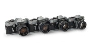 KURIBAYASHI: Four early-1960s SLR cameras - one Petri Penta [#913078] with CC Petri Orikkor 50mm f2 lens [#76406], one Petri Flex V [#365861] with CC Petri 55mm f2 lens [#138882], one Petri Flex V3&nbsp;[#454202] with CC Auto Petri 55mm f2 lens [#179103], and 