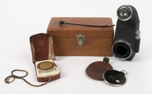 ZEISS IKON: Three photography accessories - one c. 1955 Panflex 5522/23 reflex housing for Contax rangefinder cameras in maker's lined box with two cable releases, one c. 1930 Diaphot exposure meter in leather pouch, and one c. 1955 Ikophot exposure meter in leather pouch with chain. (3 items)