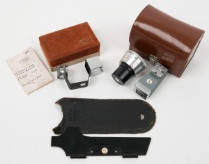 ZEISS IKON: Three accessories - one 563/03 clip-on finder for 85mm and 135mm Contax cameras in maker's box with instruction sheet, one 541/16 Film Trimming Guide in leather pouch, and one c. 1962 Movitelar 2xf magnification filter [#4 045 973] with rear l