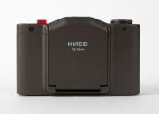 KIEV ARSENAL: Two c. 1985 Kiev 35A compact cameras - one in black with MC Korsar 35mm f2.8 lens and hot shoe cover, and one in dark grey&nbsp;with Kiev-Korsar 35mm f2.8 lens and hot shoe cover. Well-known Soviet copies of the Minox 35GT. (2 cameras) - 2
