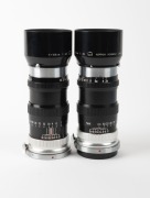 NIPPON KOGAKU: Two black and chrome lenses with bayonet mounts for rangefinder cameras - one c. 1956&nbsp;Nikkor-Q&middot;C&nbsp;135mm f3.5 [#269833]&nbsp;together with lens hood&nbsp;and&nbsp;front and rear&nbsp;caps, and one c. 1960&nbsp;Nikkor-Q&nbsp;135mm f3.5 [#277521] with lens hood. (2 items)