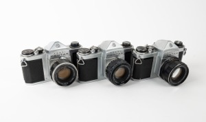 ASAHI KOGAKU: Three early 1960s chrome-body SLR cameras - one Pentax S1 [#527278] with Auto-Takumar 55mm f2.2 lens [#685818], one Pentax S1a [#667626] with Super-Takumar 55mm f2 lens [#1333211], and one Pentax S2 [#394959] with Auto-Takumar 55mm f2 lens [