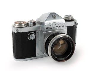 ASAHI KOGAKU: Original Pentax AP SLR camera [#152395], c. 1957, with Takumar 58mm f2 lens [#150833]. The first Pentax model to be manufactured by Asahi Kogaku.
