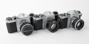 ASAHI KOGAKU: Three circa 1960 chrome-body SLR cameras - one Pentax S2 [#326638] with Auto-Takumar 55mm f2 lens [#376835], one Pentax H2 [#230641] with Auto-Takumar 55mm f2 lens [#264636] and front lens cap, and one Pentax SV [#930754] with Super-Takumar 