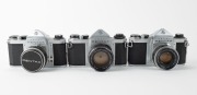 ASAHI KOGAKU: Three circa 1960 chrome-body SLR cameras - one Pentax S2 [#326638] with Auto-Takumar 55mm f2 lens [#376835], one Pentax H2 [#230641] with Auto-Takumar 55mm f2 lens [#264636] and front lens cap, and one Pentax SV [#930754] with Super-Takumar - 2