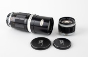 OLYMPUS: Two black c. 1960s lenses with bayonet mount for Olympus Pen F - one G. Zuiko Auto-S 40mm f1.4 lens [#160420] with front cap, and one E. Zuiko Auto-T 150mm f4 lens [#103944] with front and rear caps. (2 items) - 2