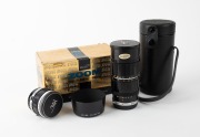 OLYMPUS: Two black and chrome lenses in Pen F bayonet mounts - one Zuiko Auto-Zoom&nbsp;50-90mm f3.5 [#128959] in maker's box with front and rear caps, lens hood, leather case, and printed matter, together with one F. Zuiko Auto-S 38mm f1.8 [#226008] with fron