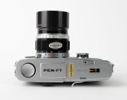 OLYMPUS: Pen FT half-frame SLR camera [#292237], c. 1966, with G. Zuiko Auto-S 40mm f1.4 lens [#165272], T-45 metal lens hood, and Pen-F straight magnifier viewfinder attachment. - 4