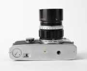 OLYMPUS: Pen FT half-frame SLR camera [#292237], c. 1966, with G. Zuiko Auto-S 40mm f1.4 lens [#165272], T-45 metal lens hood, and Pen-F straight magnifier viewfinder attachment. - 5