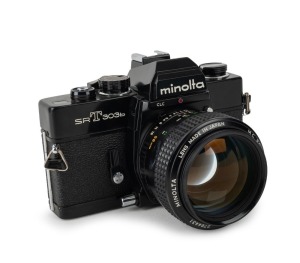 MINOLTA: Black-body Minolta SRT-303b SLR camera [#3214660], c. 1975, with MC Rokkor 58mm f1.2 lens [#2764431].