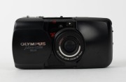 OLYMPUS: Mju Zoom&nbsp;Deluxe compact camera [#1328489] in black and silver, c. 1995,&nbsp;with Zoom 35-70mm lens in maker's box with branded camera pouch, RC-100 remote control, wrist strap, and instruction booklet. - 2
