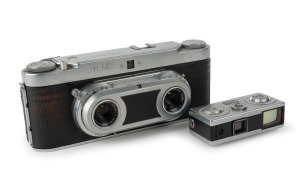 WIRGIN: Two unusual c. 1950s black-and-chrome cameras - one Wirgin Stereo camera with dual Cassar 35mm f3.5 lenses [#1032111 & #1034098], and one Edixa 16-S subminiature camera with Xenar 25mm f2.8 lens. (2 cameras)