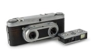WIRGIN: Two unusual c. 1950s black-and-chrome&nbsp;cameras - one Wirgin Stereo camera with dual Cassar 35mm f3.5 lenses [#1032111 & #1034098], and one Edixa 16-S subminiature camera with Xenar 25mm f2.8 lens. (2 cameras)