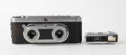 WIRGIN: Two unusual c. 1950s black-and-chrome&nbsp;cameras - one Wirgin Stereo camera with dual Cassar 35mm f3.5 lenses [#1032111 & #1034098], and one Edixa 16-S subminiature camera with Xenar 25mm f2.8 lens. (2 cameras) - 2