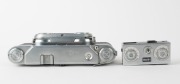 WIRGIN: Two unusual c. 1950s black-and-chrome&nbsp;cameras - one Wirgin Stereo camera with dual Cassar 35mm f3.5 lenses [#1032111 & #1034098], and one Edixa 16-S subminiature camera with Xenar 25mm f2.8 lens. (2 cameras) - 4