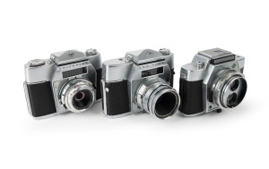AGFA: Three c. 1960 chrome-body cameras - one Flexilette with unusual TLR design [#AB 6144] with Color Apotar 45mm f2.8 lens, one Ambiflex II SLR [#AR 2065] with Color-Solinar 50mm f2.8 lens, and one Colorflex SLR [#JG 3040] with Color-Apotar 50mm f2.8 le