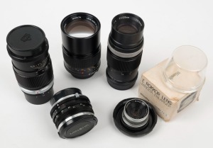 MINOLTA: Five lenses - one E. Rokkor 50mm f4.5 [#1232504] in plastic case with maker's box, one W.Rokkor-QE 35mm f4 [#1115288] with front and rear lens caps, one MD Minolta Celtic 135mm f2.8 [#1221388] with rear lens cap, and two Rokkor-TC 135mm f4 lenses