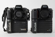 NIPPON KOGAKU: Two c. 1990s Nikon SLR camera bodies with Kodak digital camera backs - one Nikon N8008s AF with body cap coupled to Kodak DCS 200 [#K380-8863], and one Nikon N90s with body cap coupled to Kodak DCS 420 [#420-7268]. (2 cameras) - 2