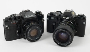 RIKEN: Two c. 1980 black-body SLR cameras - one Ricoh XR 7 [#62254202] with Ricoh C Macro 35-70mm f3.5-4.5 lens [#74601478], and one Ricoh KR-5 Super [#73161245] with Rikenon 50mm f2 lens [#316735]. (2 cameras)
