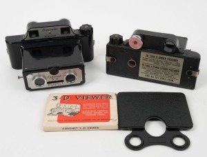 CORONET: Two c. 1953 black Bakelite Coronet 3-D stereo 127 rollfilm cameras, together with one Coronet 3-D Viewer in protective cardboard sleeve. (3 items)