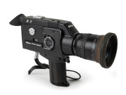 NIPPON KOGAKU: Circa 1973 Nikon R10 Super 8mm movie camera [#792850] with Cine-Nikkor Zoom&middot;C Macro 7-70mm f1.4 lens, UV lens filter, rubber lens hood, rubber eyepiece, and wrist strap.