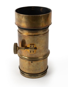 UNKNOWN: Circa 1870s brass Petzval lens, with lens diameter of approximately 90mm and 21.8mm total height including hood.