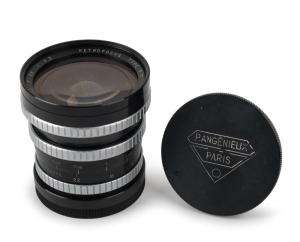 ANGÉNIEUX: Black-and-chrome Alpa-mount P. Angénieux 28mm f3.5 Type R11 Retrofocus lens [#414203], c. 1961, with front and rear lens caps.