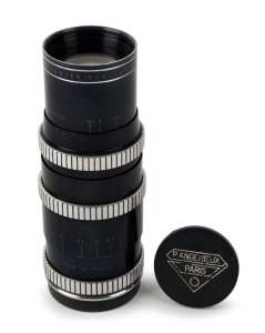 ANGÉNIEUX: Black-and-chrome bayonet mount type Y2 135mm f3.5 lens [#371525], c. 1952, with front and rear metal lens caps.