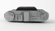 OLYMPUS: Chrome Six II vertical-folding camera [#34865], c. 1948, with Zuiko Coated 75mm f2.8 lens [#59760] and Copal lens. Presented with leather case in maker's wooden box that features etched text&nbsp;on lid. - 4