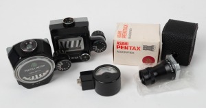 ASAHI KOGAKU: Four Pentax accessories - one c. 1975 Pentax Spotmatic Voltmeter, one round-style clip-on Pentax Meter [#202206], one square-style clip-on Pentax Meter [#0041728], and one c. 1964 Pentax Magnifier for 35mm SLR in maker's box with black leath