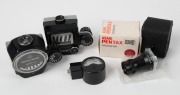 ASAHI KOGAKU: Four Pentax accessories - one c. 1975 Pentax Spotmatic Voltmeter, one round-style&nbsp;clip-on Pentax Meter [#202206], one square-style clip-on Pentax Meter [#0041728], and one c. 1964&nbsp;Pentax Magnifier for 35mm SLR in maker's box with black leath
