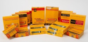 KODAK: Fifteen boxed rolls of expired 16mm movie film, with a diverse range of designations such as Ektachrome EF, Kodachrome 25, and Plus-X Reversal Film 7276. (15 items)