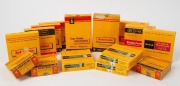 KODAK: Fifteen boxed rolls of expired 16mm movie film, with a diverse range of designations such as Ektachrome&nbsp;EF, Kodachrome 25, and Plus-X Reversal Film 7276. (15 items)