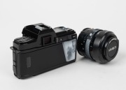 MINOLTA: Circa 1985 Minolta 7000 AF Anniversary Kit, comprising black camera body with body cap, black Minolta AF Zoom 35-70mm f4 lens with lens hood and front and rear caps, lens cleaning set, and black Minolta 60th Anniversary carry strap, neatly organi - 3