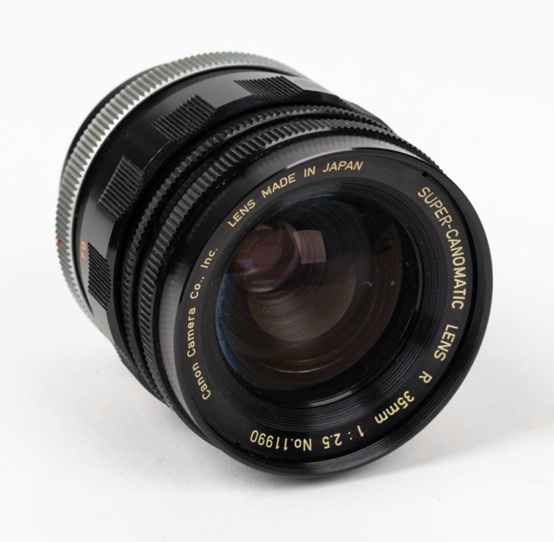 CANON: Black Super-Canomatic R 35mm f2.5 lens [#11990], c. 1961, with  bayonet mount