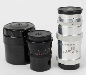 KRASNOGORSK: Two c. 1970s lenses with screw mounts - one black Jupiter 12 35mm f2.8 with lens filter, front and rear caps, and storage tube, together with one chrome Jupiter 11 135mm f4 with front and rear caps. (2 items)