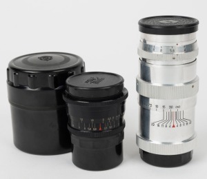 KRASNOGORSK: Two c. 1970s lenses with screw mounts - one black Jupiter 12 35mm f2.8 with lens filter, front and rear caps, and storage tube, together with one chrome Jupiter 11 135mm f4 with front and rear caps. (2 items)