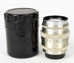 KRASNOGORSK: Screw-mount Jupiter-8 85mm f2 lens [#6301417] in chrome, c. 1963, with rear cap and storage tube.