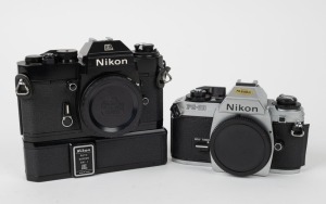 NIPPON KOGAKU: Two c. 1970s camera bodies - one black Nikon EL with black AW-1 Auto Winder attachment and body cap, and one chrome Nikon FG-20 with body cap. (2 camera bodies)