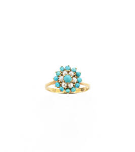RING: 18ct yellow gold pearl and turquoise cluster ring.