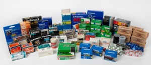 VARIOUS MANUFACTURERS: An accumulation of sixty-seven expired camera film products, most of them boxed, including 35mm film, 120 film, 127 film, and instant film, among other formats, with brands such as Agfa, Fujifilm, Ilford, Konica, and Polaroid repres