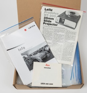 LEITZ: One A4 archive box containing thirty-two Leitz product press releases, instruction booklets, brochures, and sales guides, each sealed in a plastic sleeve. (32 items)