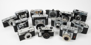 VARIOUS MANUFACTURERS: Thirteen black-and-chrome viewfinder and rangefinder cameras - one Agfa Iso-Rapid IF, one Detrola Corporation Detrola G, one Foto-Quelle Revue Electronic C, one Halina Paulette, one Hanimex Holiday 35, one Hoei Howay 35, one Iloca Electric with front lens cap, one Kodak Retina S2, one Minolta A, one Minolta Minoltina-P, one Pentacon Pentona I, one Zeiss Ikon Contessa LK, and one Zeiss Ikon Contessa SLK. (13 cameras)
