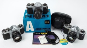 ASAHI KOGAKU: Three circa 1961 chrome-body Pentax SLR cameras - one S3 [#441700] with Super-Takumar 55mm f1.8 lens [#1117676], one SV [#600351] with Super-Takumar 55mm f1.8 lens [#1025596], and one S3 [#363012] with Auto-Takumar 55mm f1.8 lens [#453892], 